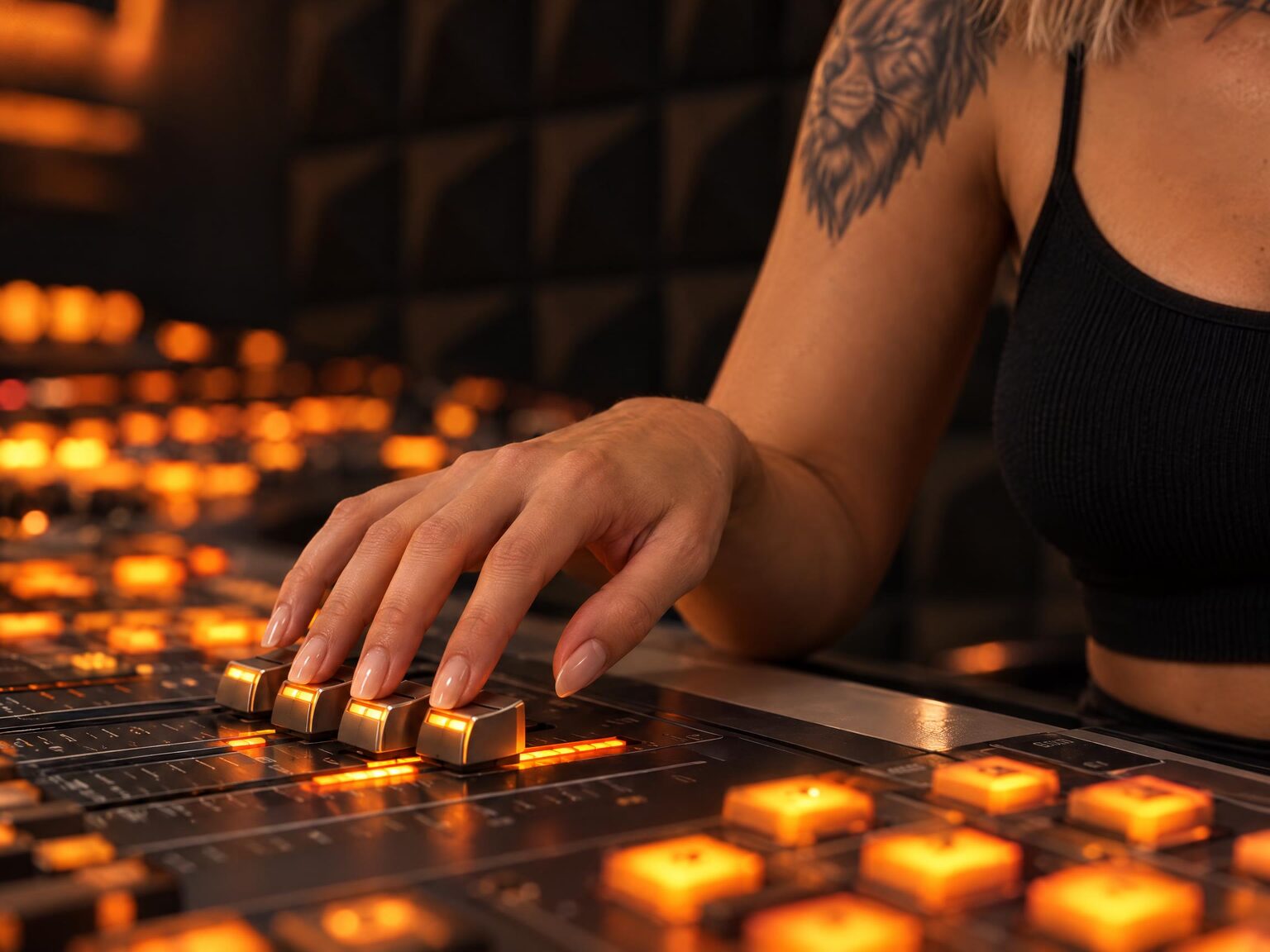 A hand riding three lit faders on the glowing orange broadcast console