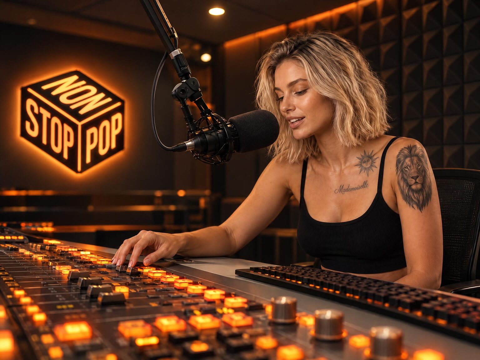 DJ Cara at the Non-Stop-Pop FM broadcast console, leaning in to the microphone