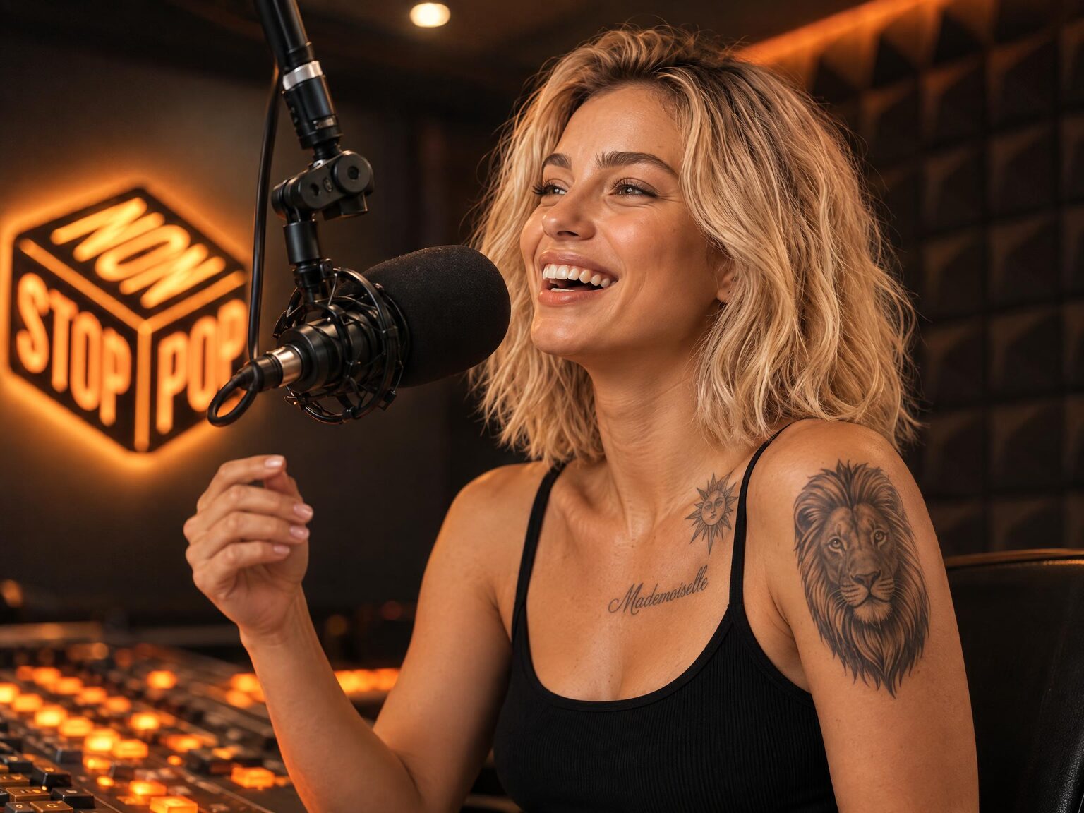 DJ Cara laughing at the microphone in the Non-Stop-Pop FM studio