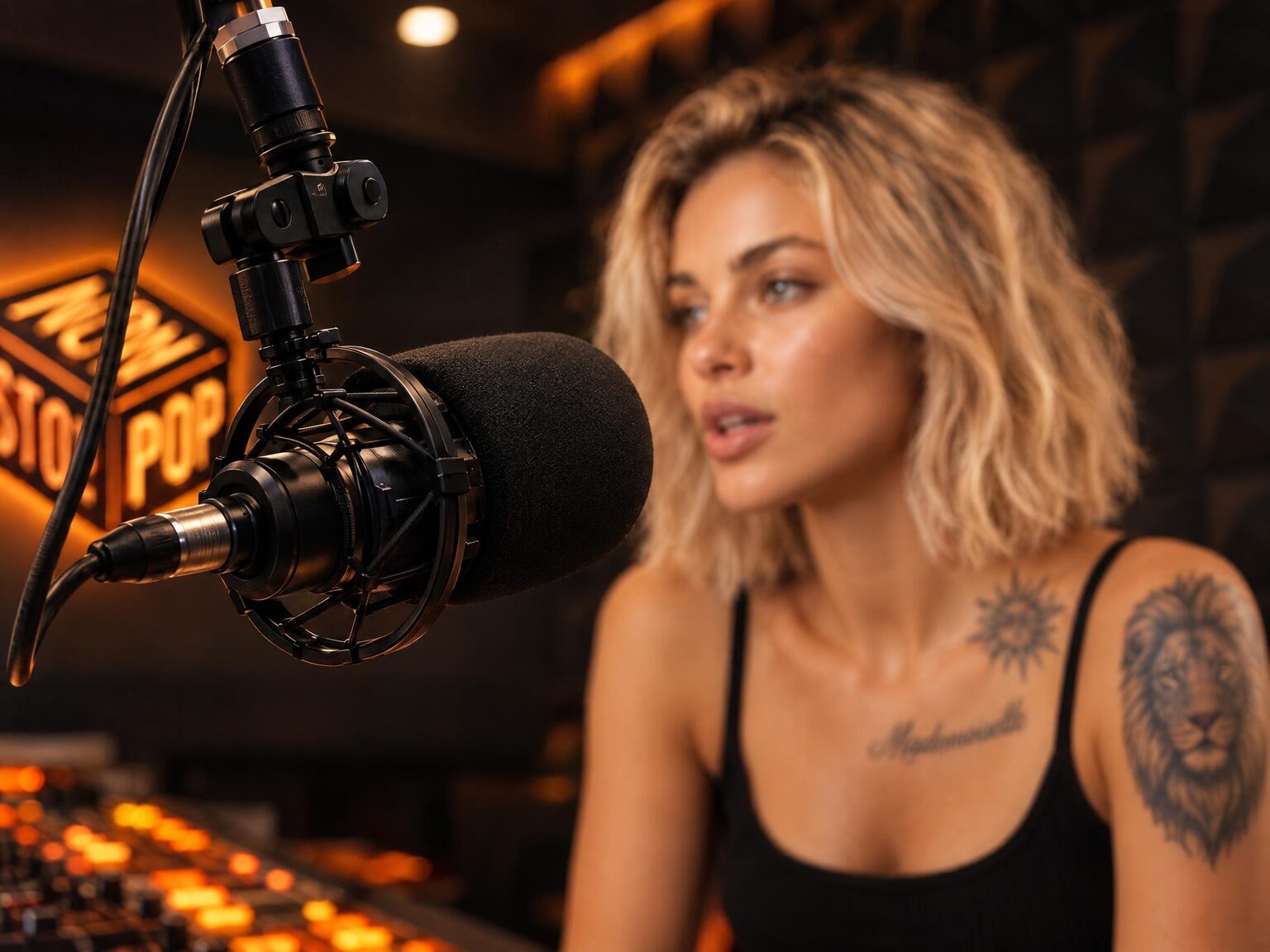 A studio condenser microphone in close focus with DJ Cara soft behind it, mid-sentence