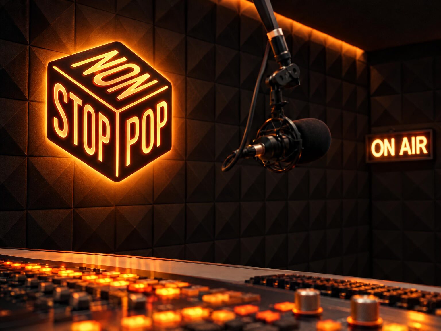 The Non-Stop-Pop FM neon sign glowing on the studio wall beside a lit ON AIR box