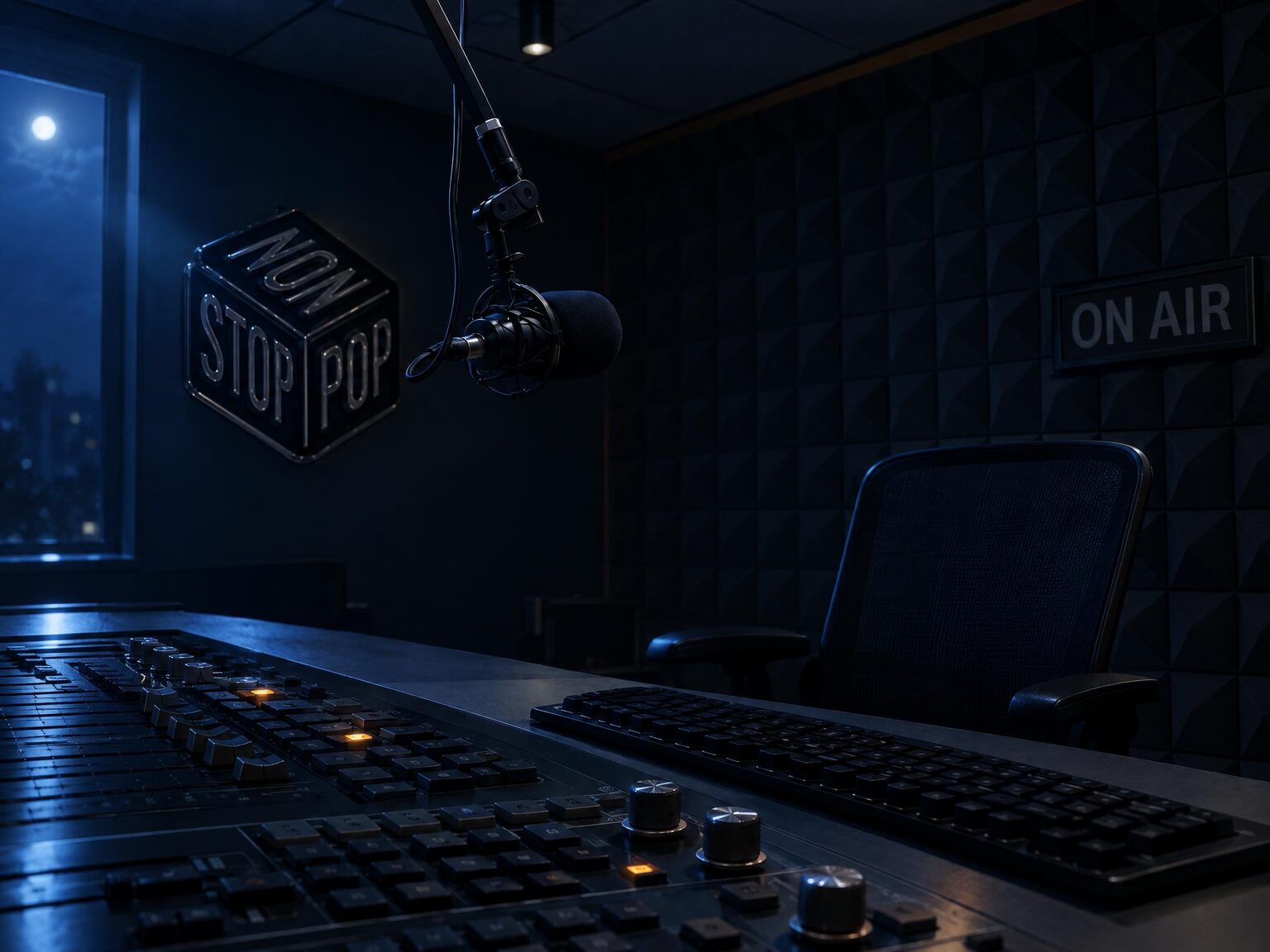 The Non-Stop-Pop FM studio powered down at night, the console dark and the chair empty