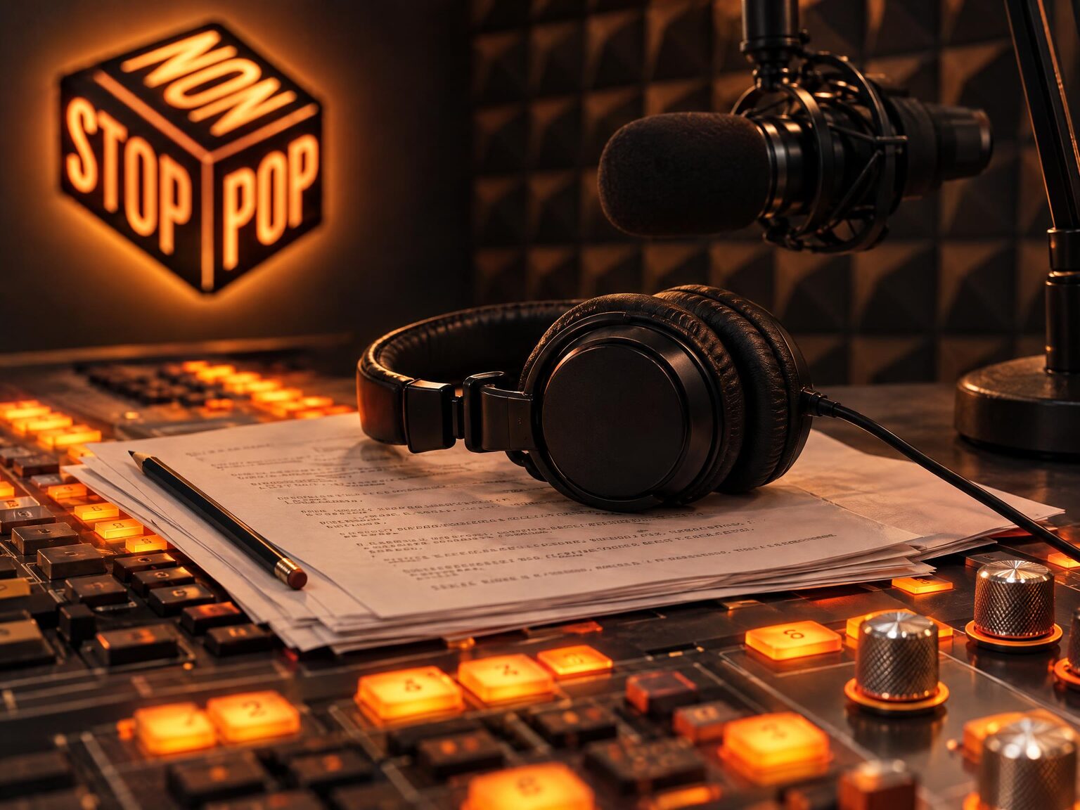 Printed script pages and studio headphones resting on the lit broadcast console