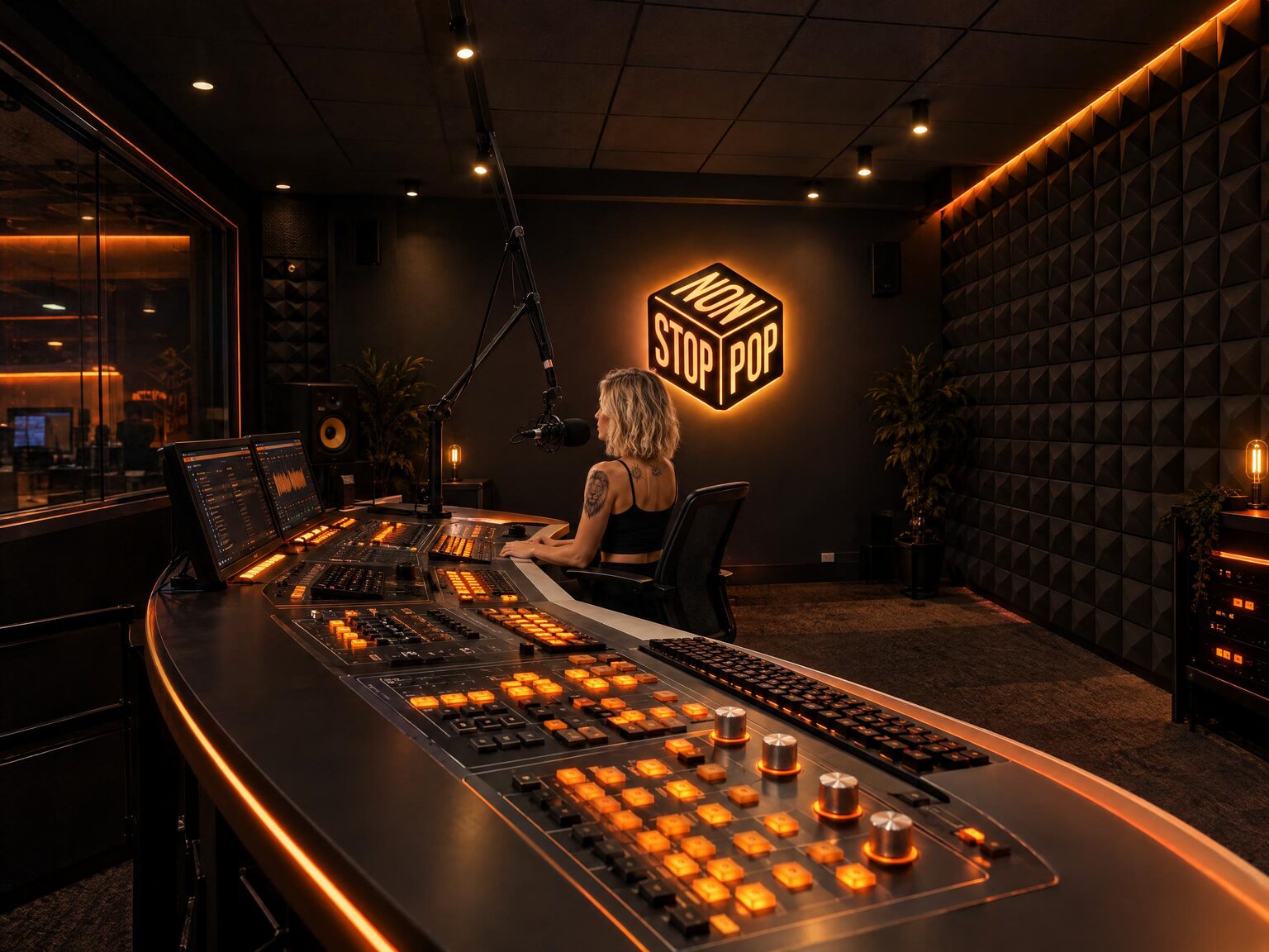 A wide view of the Non-Stop-Pop FM studio, the lit console sweeping across the foreground